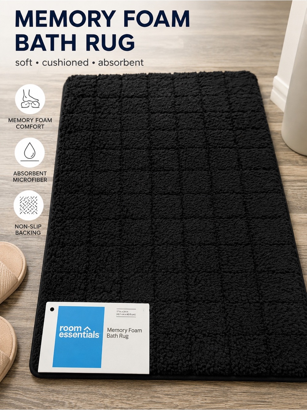 🩷. 7051. Room Essentials Black Memory Foam Bath Rug New